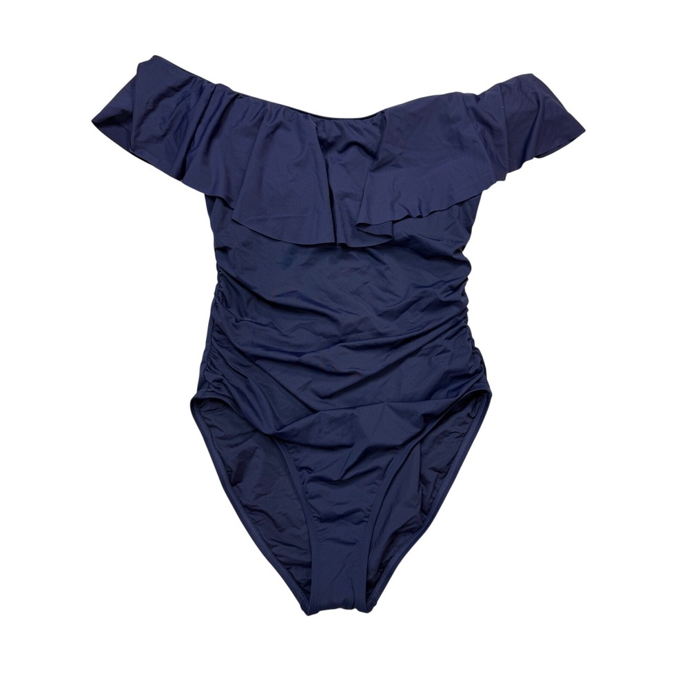 La Blanca Womens Navy Blue Off The Shoulder Ruffle One Piece Swimsuit SZ 12 NEW